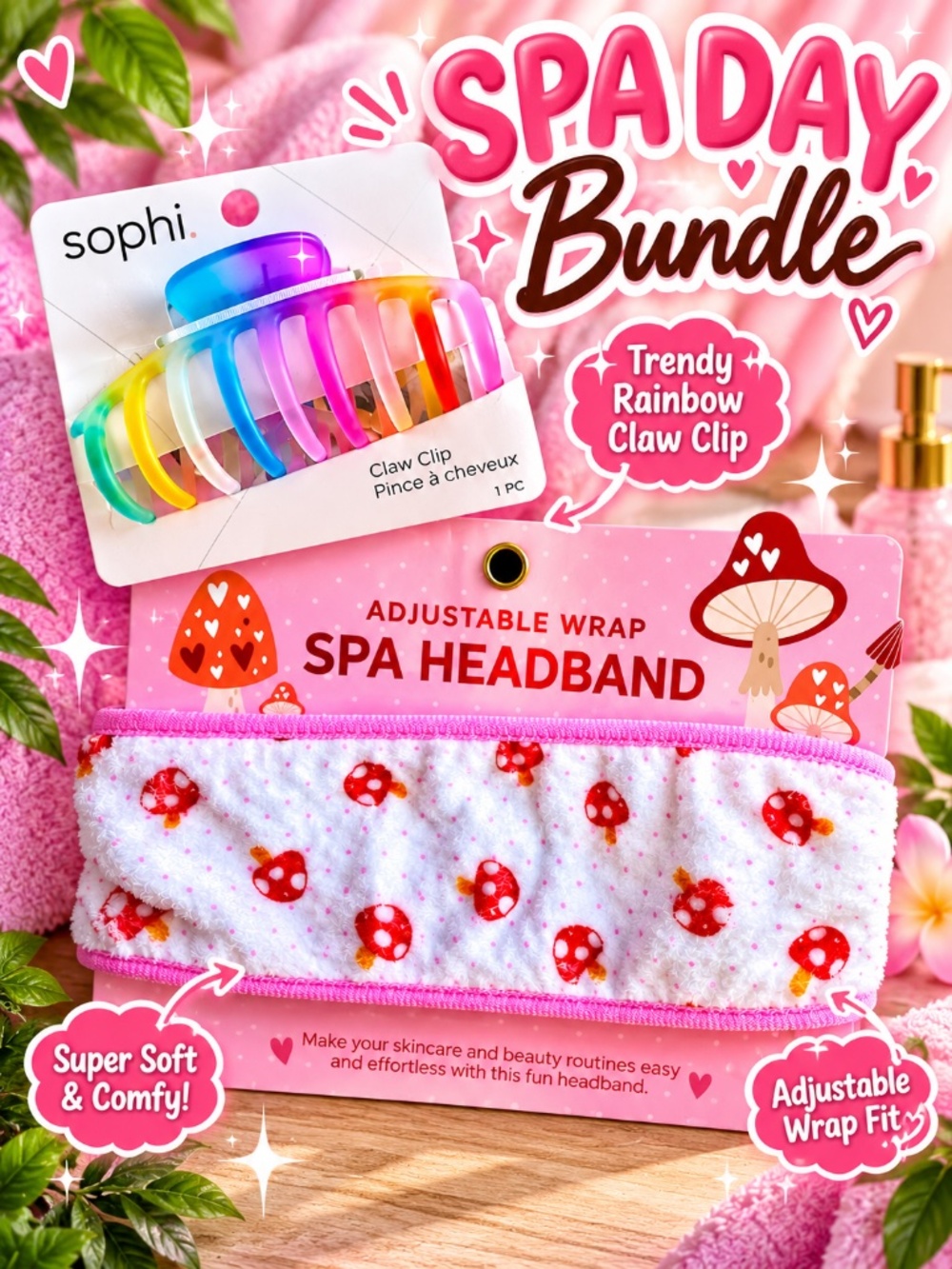 Spa Day Beauty Bundle Mushroom Headband + Rainbow Claw Clip NEW
